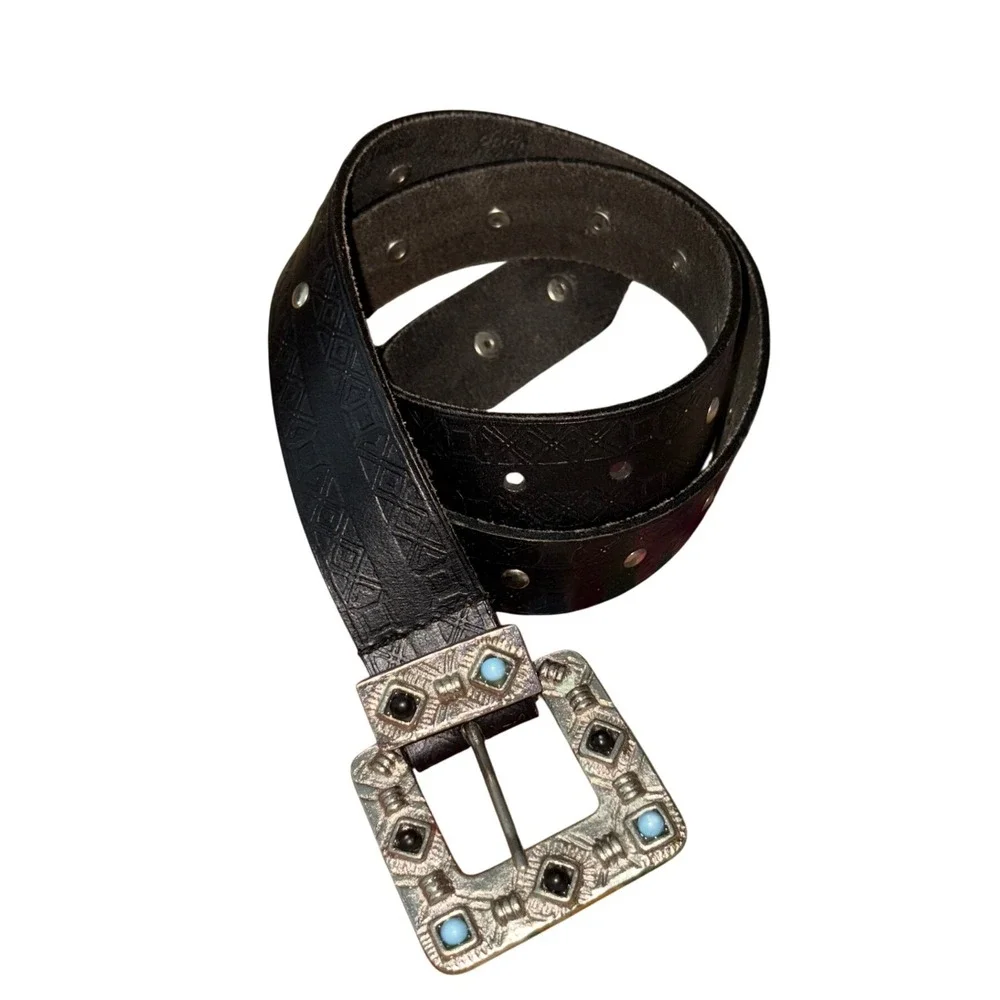 Leather Belt Boho Western Southwestern Embellished Solid Brass Buckle‎ India LG